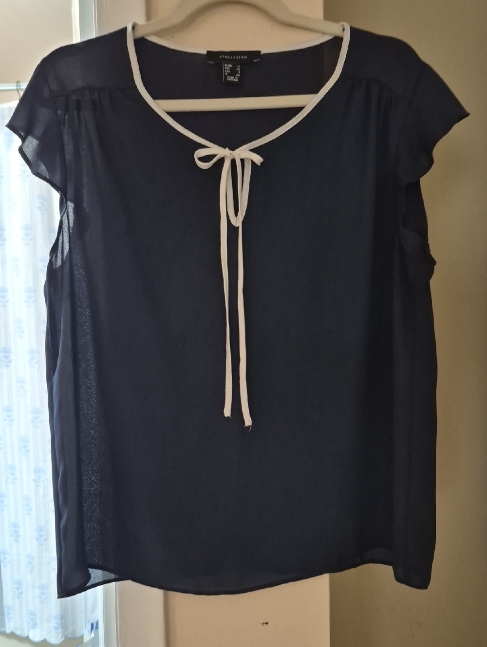 Atmosphere blue & White Sheer cap sleeve V tie Flowy Romantic Top Sz 8